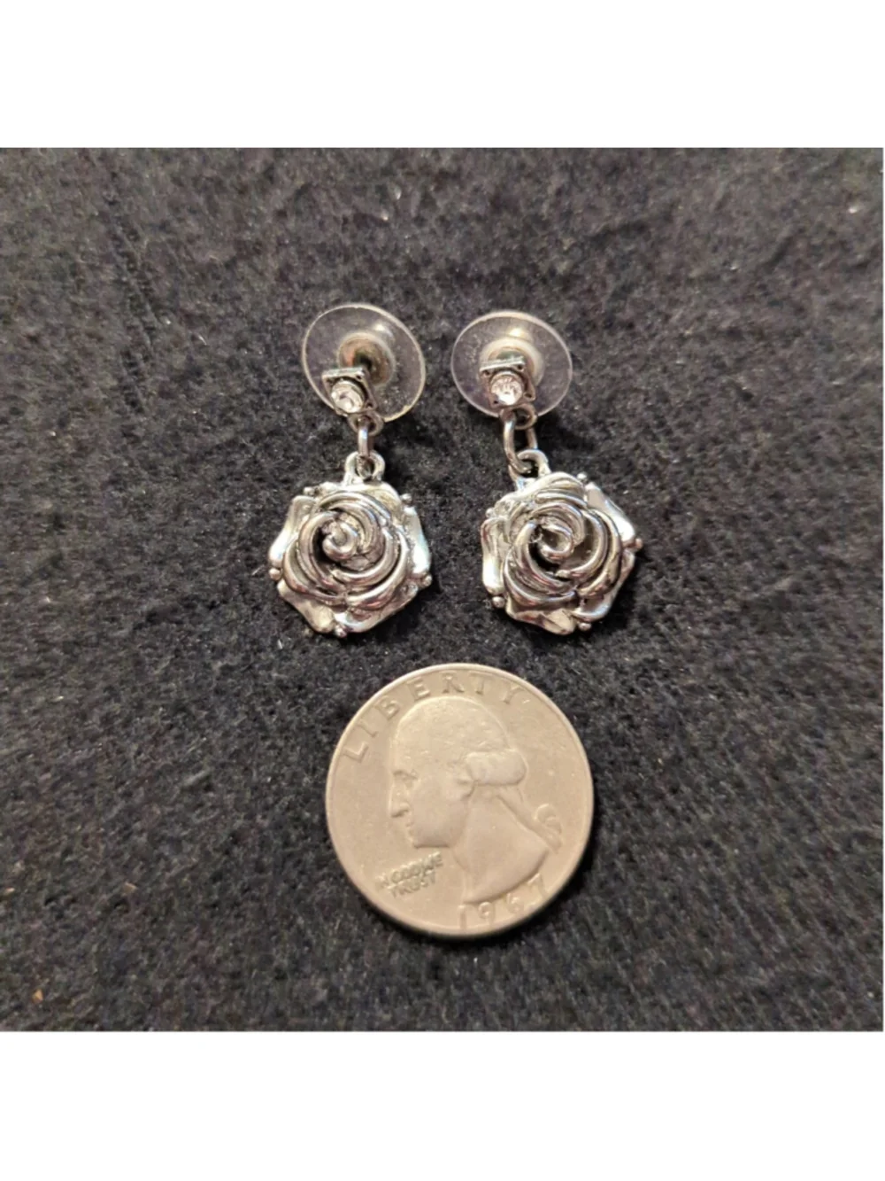 Silver Tone Clear Rhinestone Rose Flower Dainty Delicate Drop Statement Earrings